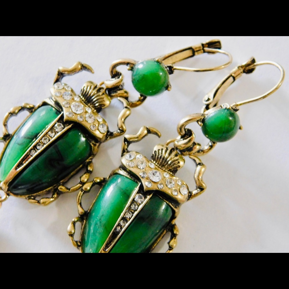 Gold Earrings Art Deco Green Scarab Beetle Pearl Crystal Egyptian Jewelry Gifts - Picture 4 of 4